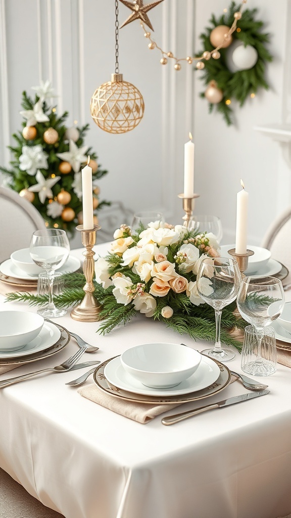 Elegant white Christmas table setting with white dinnerware, candles, and floral centerpiece.
